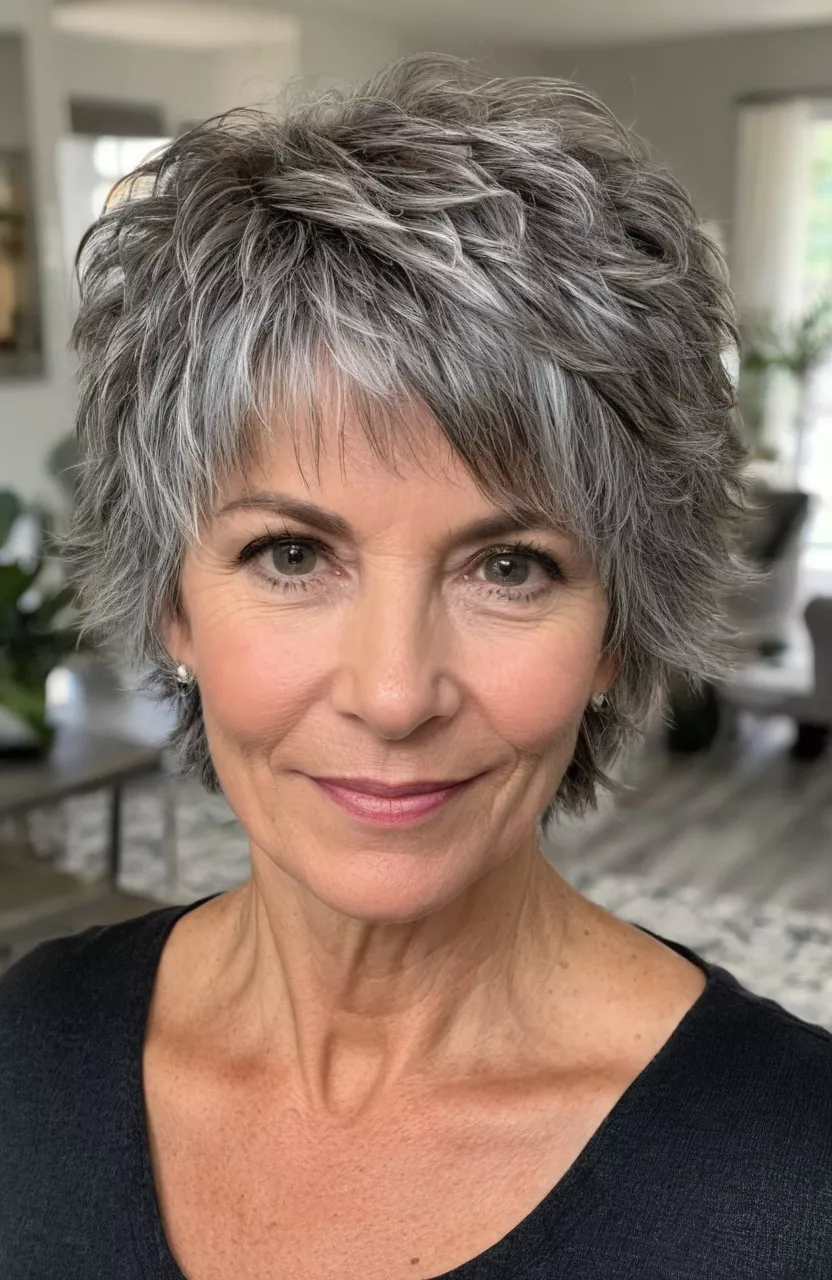 A photo of a 51-year-old Rebecca, textured gray short shaggy cut, front view, living room background