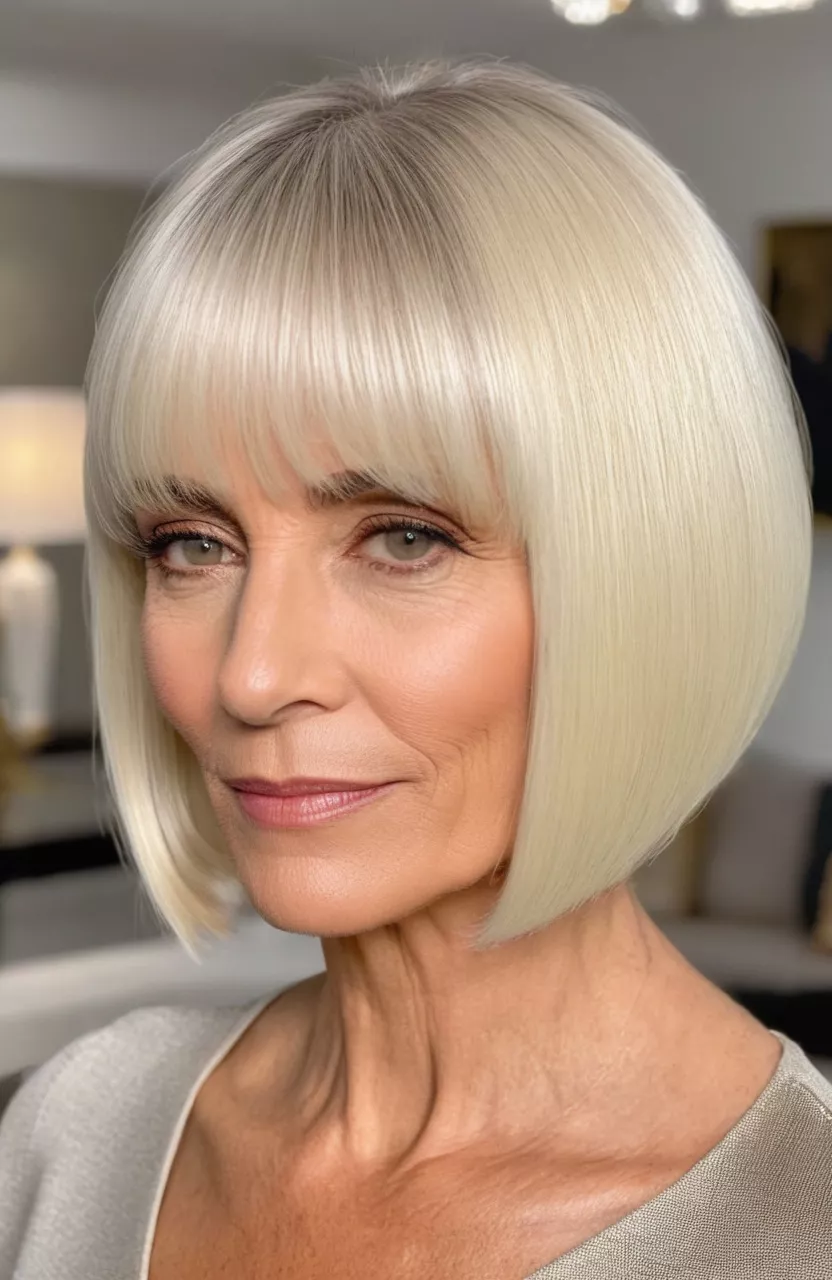 A photo of a 52-year-old Cynthia, platinum blonde sleek bob with side-swept bangs, front view, living room background