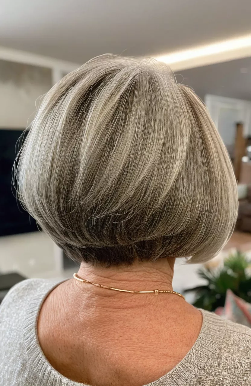 A photo of a 77-year-old Carol, short stacked bob, back view, living room background