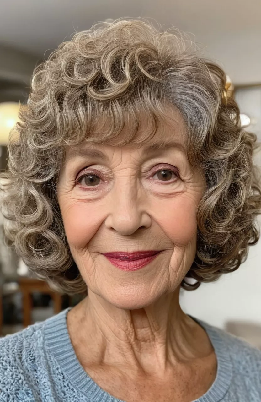 A photo of a 78-year-old Sandra, layered curly bob with bangs, front view, living room background