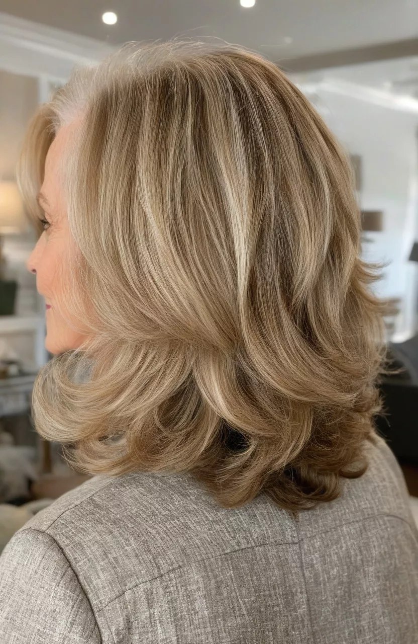 Shoulder-Length Layered Waves A photo of a 74-year-old Sharon, shoulder-length layered waves, back view, living room background