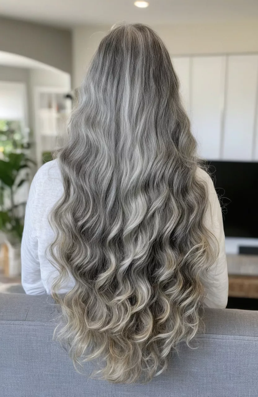 A photo of a 58-year-old Martha, natural salt and pepper wavy long hair, back view, living room background