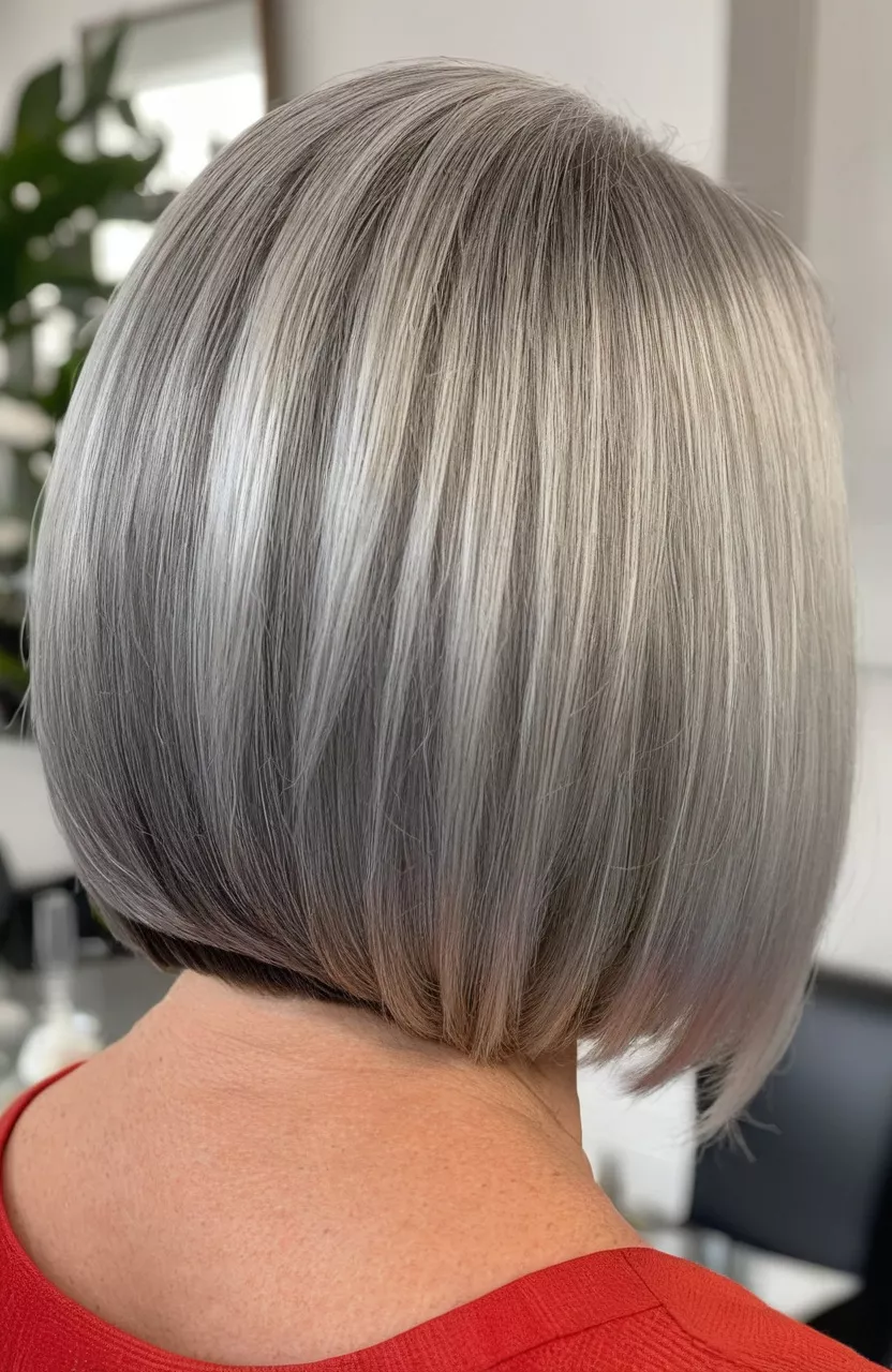 Graduated Silver Bob A photo of a 55-year-old Cheryl, graduated silver bob, back view, living room background