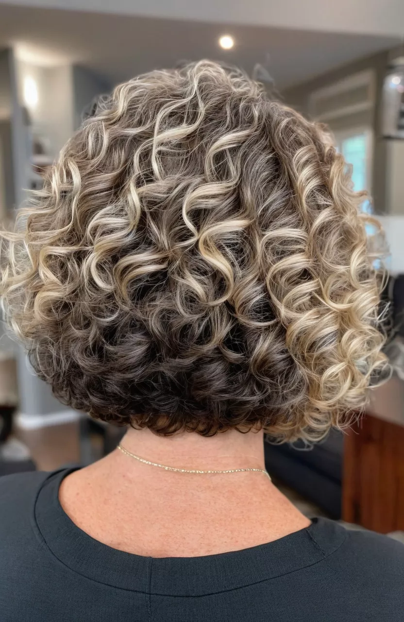 Inverted Curly Bob Without Bangs A photo of a 56-year-old Evelyn, inverted curly bob without bangs, back view, living room background