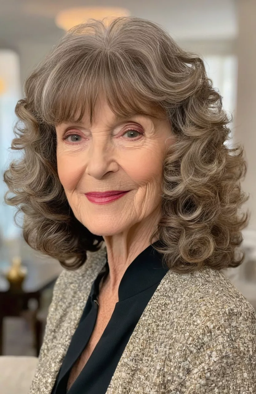 A photo of a 74-year-old Olivia, shoulder-length curls with bangs, back view, living room background
