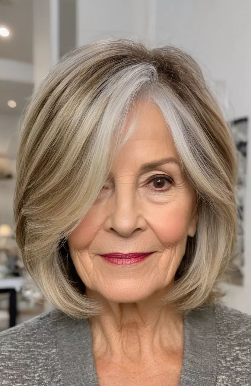 A photo of a 66-year-old Janet, layered lob with blonde balayage, front view, living room background