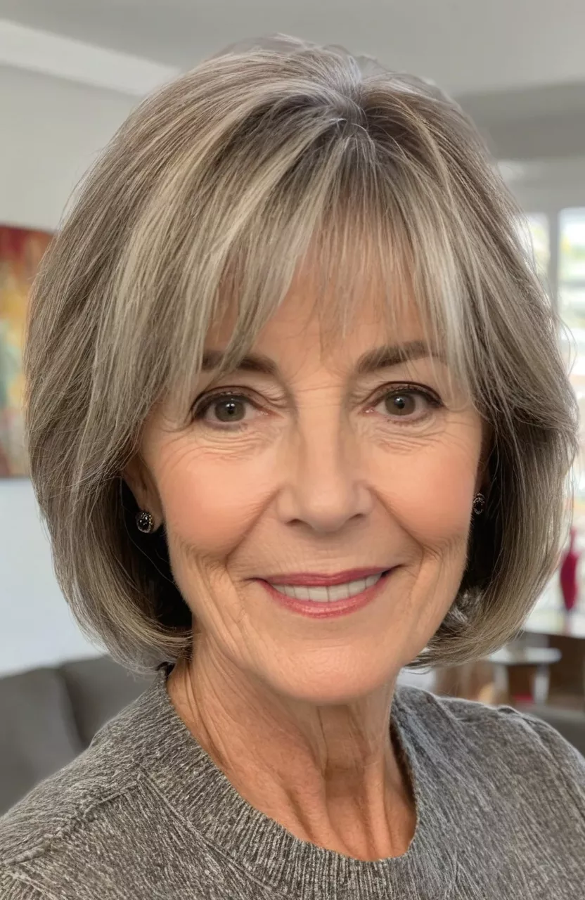 Wispy Bob for Thin Hair A photo of a 55-year-old Carol, wispy bob for thin hair, front view, living room background