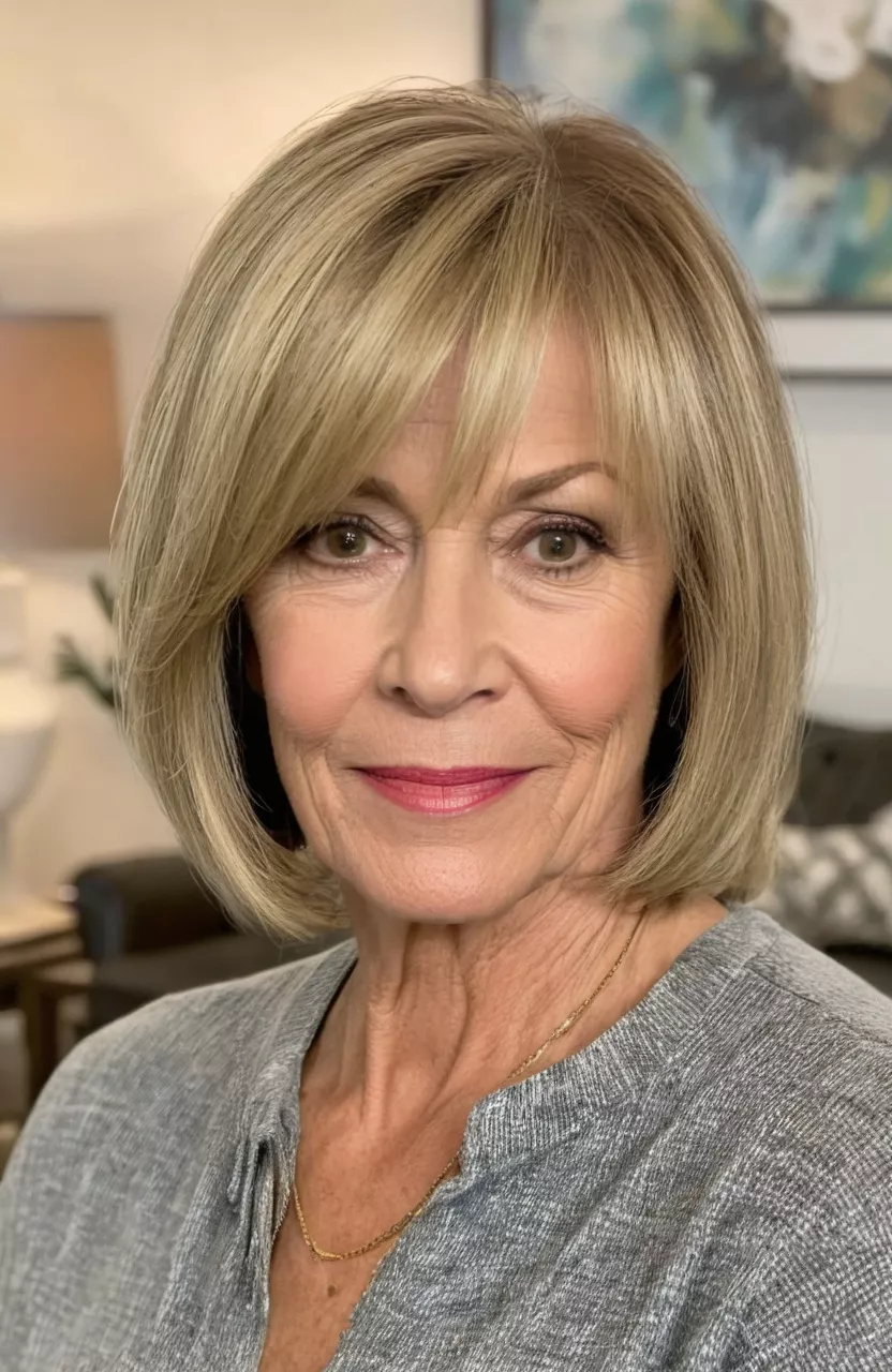 Dirty Blonde Bob A photo of a 59-year-old Cynthia, dirty blonde bob, front view, living room background