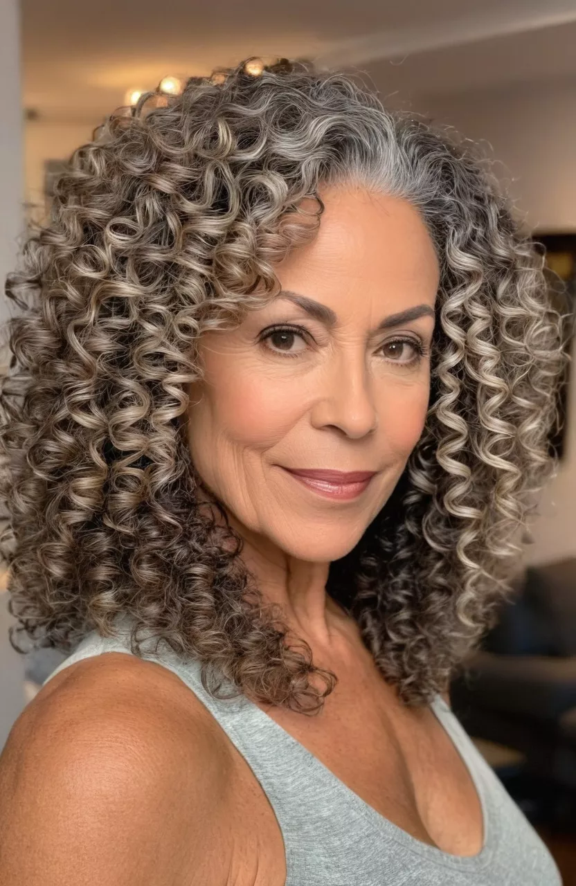 Rezo Cut Makeover for Older Women A photo of a 53-year-old Patricia, Rezo cut with defined curls, front view, living room background