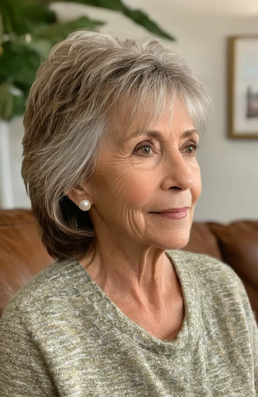 Shaggy Layers A photo of a 64-year-old Nancy, shaggy layers, side view, living room background