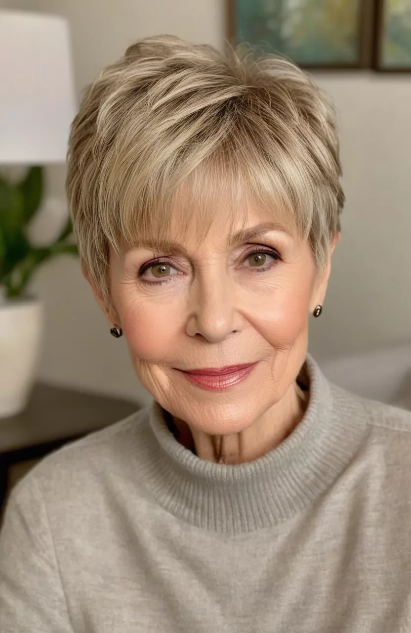 A photo of a 68-year-old Rachel, textured blonde pixie with long bangs, front view, living room background
