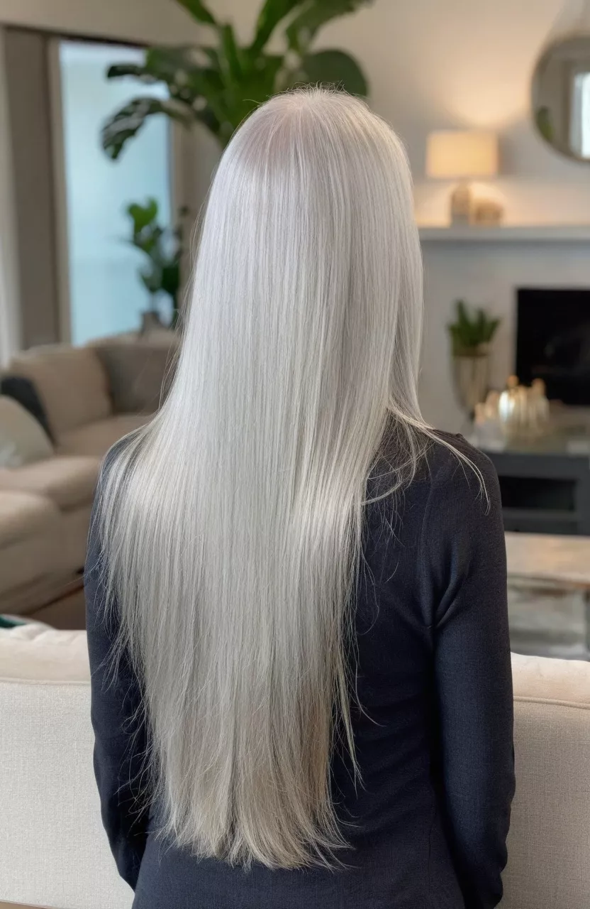 A photo of a 56-year-old Diane, long straight silver hair, back view, living room background