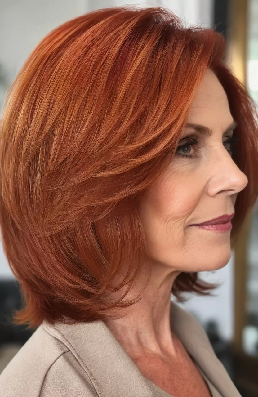 Red Sweeping Bob A close-up photo of a 54-year-old Linda, red sweeping bob hairstyle, side view, living room background