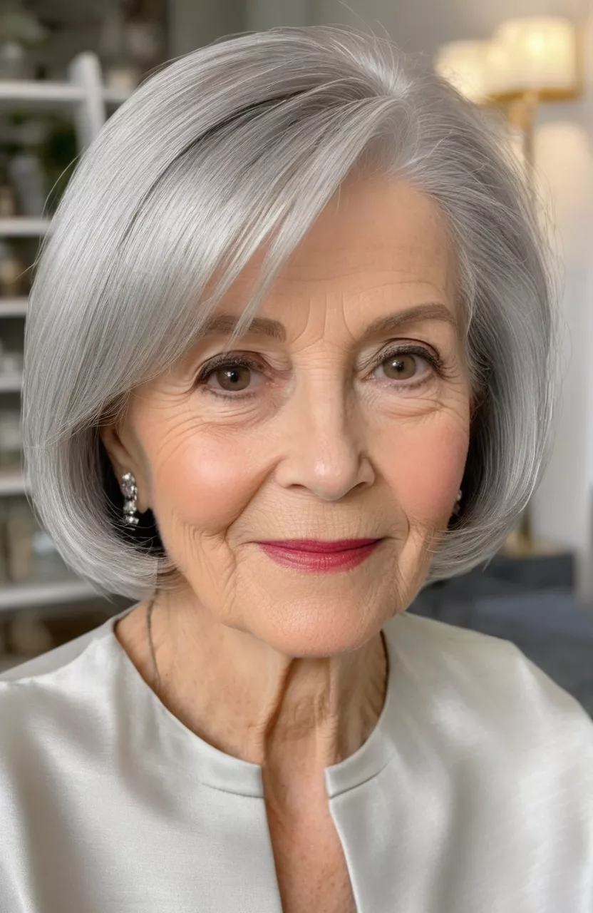 A photo of a 73-year-old Elizabeth, classy silver bob with subtle layers, front view, living room background