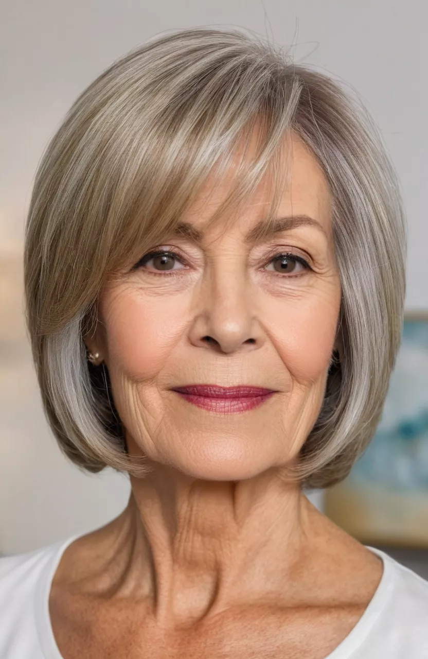 A photo of a 73-year-old Sandra, layered bob for thinning hair, front view, living room background