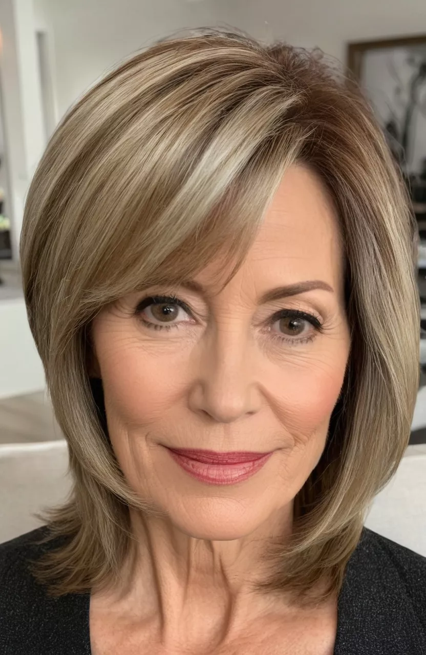 Face-Framing Hairstyle with Side Part A photo of a 58-year-old Karen, face-framing hairstyle with side part, side view, living room background