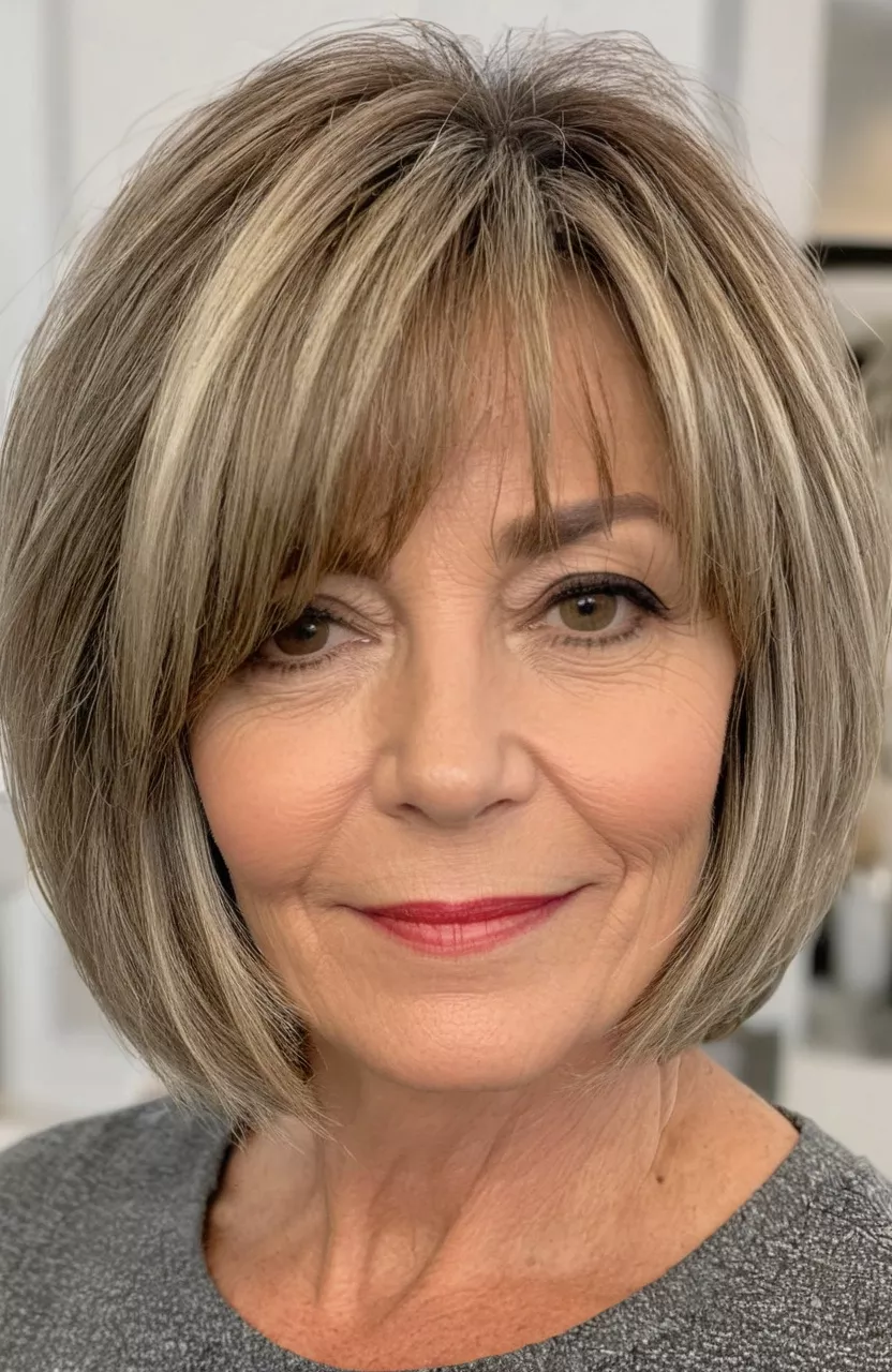 Modern Textured Bob A photo of a 52-year-old Sharon, modern textured bob, front view, living room background