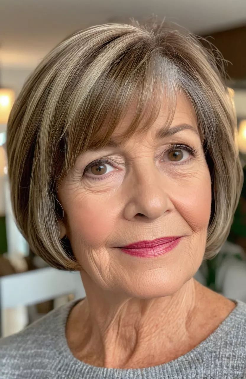 A photo of a 68-year-old Barbara, short brown bob with highlights, front view, living room background