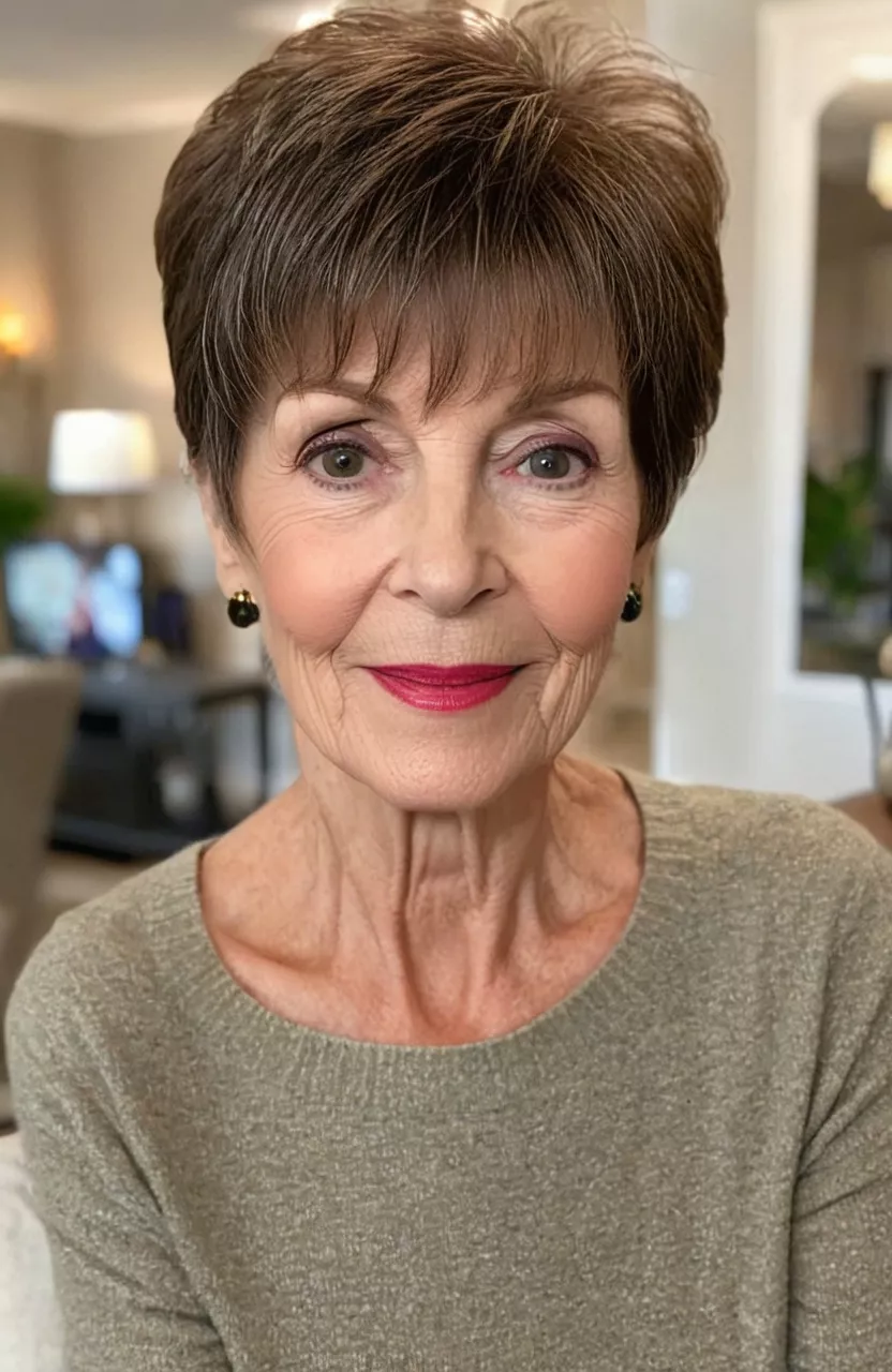 Long Pixie with Bangs A photo of a 75-year-old Michelle, long pixie with bangs, front view, living room background