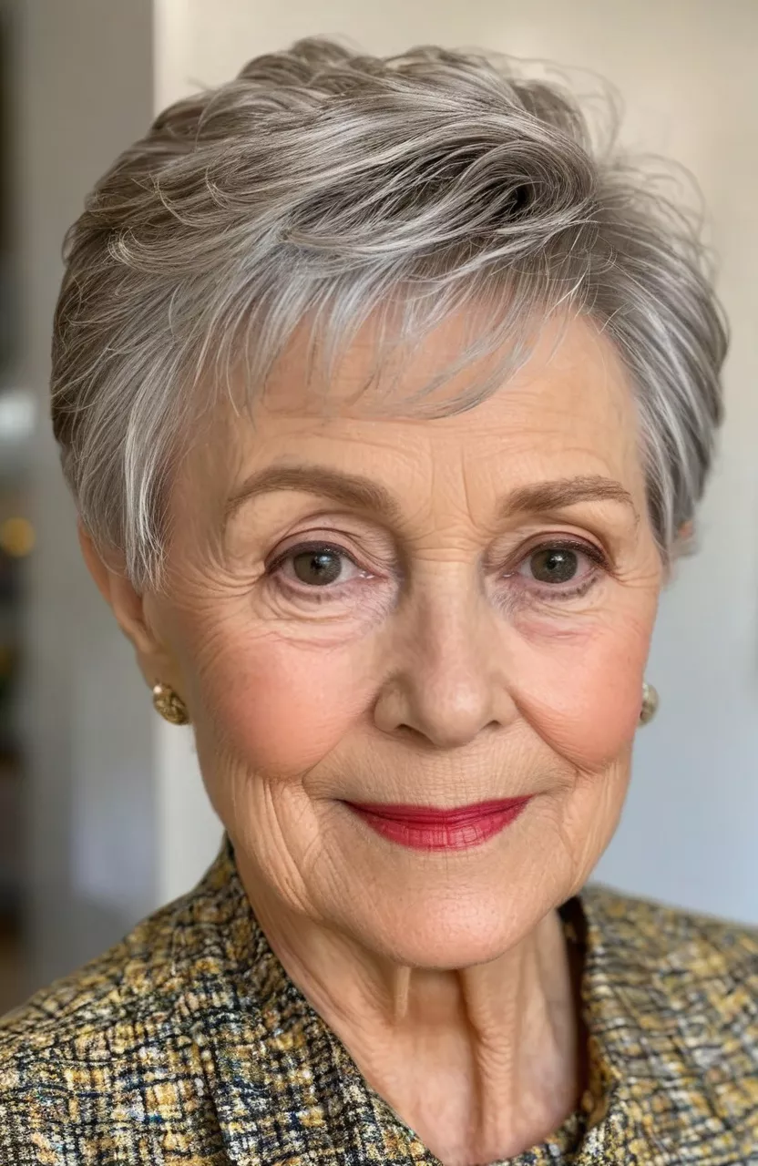 Side-Swept Pixie A photo of a 74-year-old Margaret, side-swept pixie cut, side view, living room background