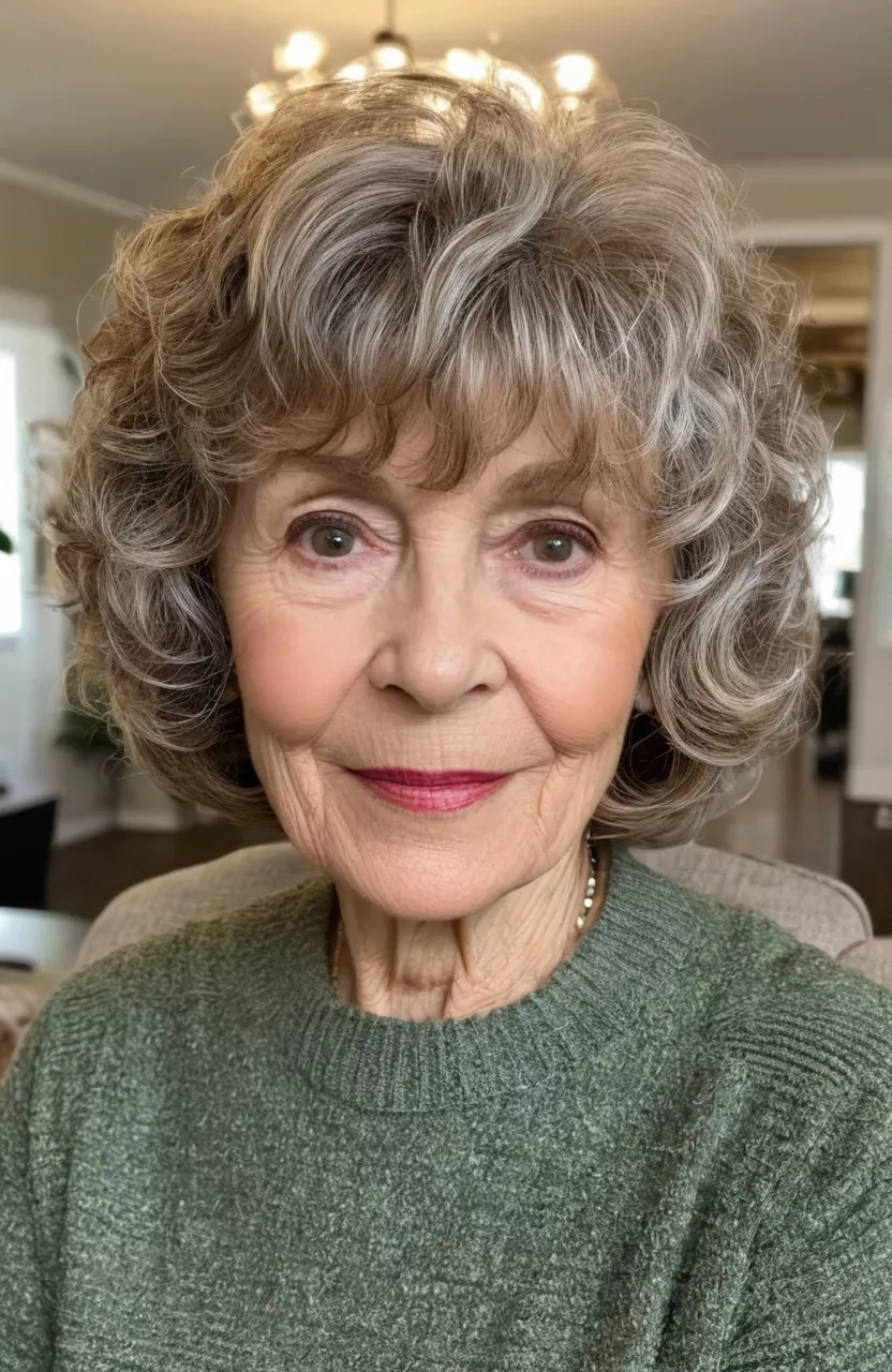 A photo of a 76-year-old Donna, curly textured bob with bangs, front view, living room background