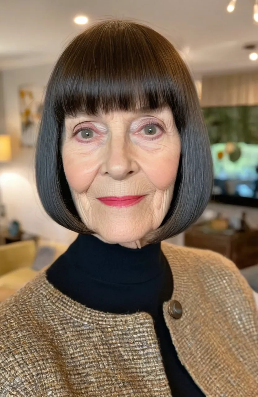 A photo of a 75-year-old Amy, blunt bob with bangs, front view, living room background