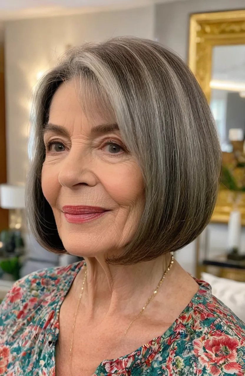 Shoulder-Length Bob A photo of a 63-year-old Patricia, shoulder-length bob, front view, living room background