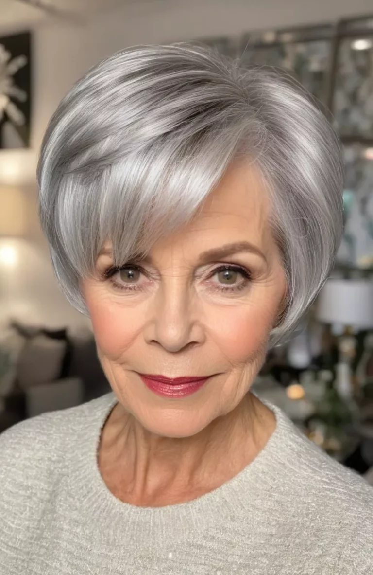 A photo of a 64-year-old Judith, voluminous silver pixie bob with added height, front view, living room background