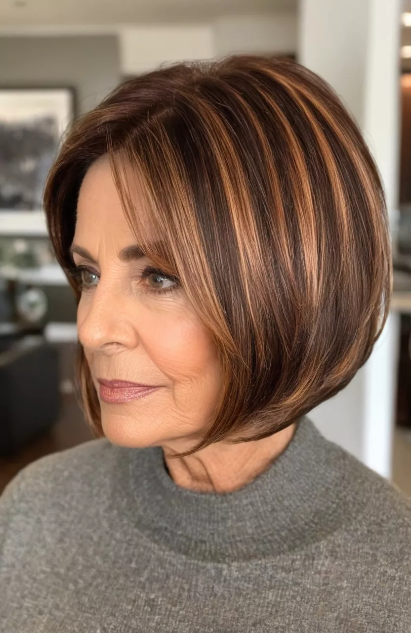 A photo of a 65-year-old Samantha, espresso layered bob with copper highlights, front view, living room background