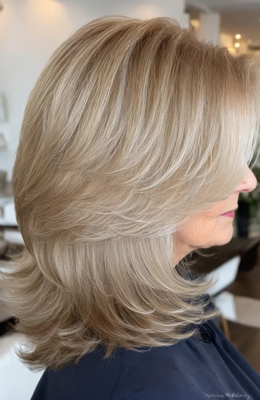 A photo of a 66-year-old Sharon, voluminous silver honey blonde layered blowout, front view, living room background