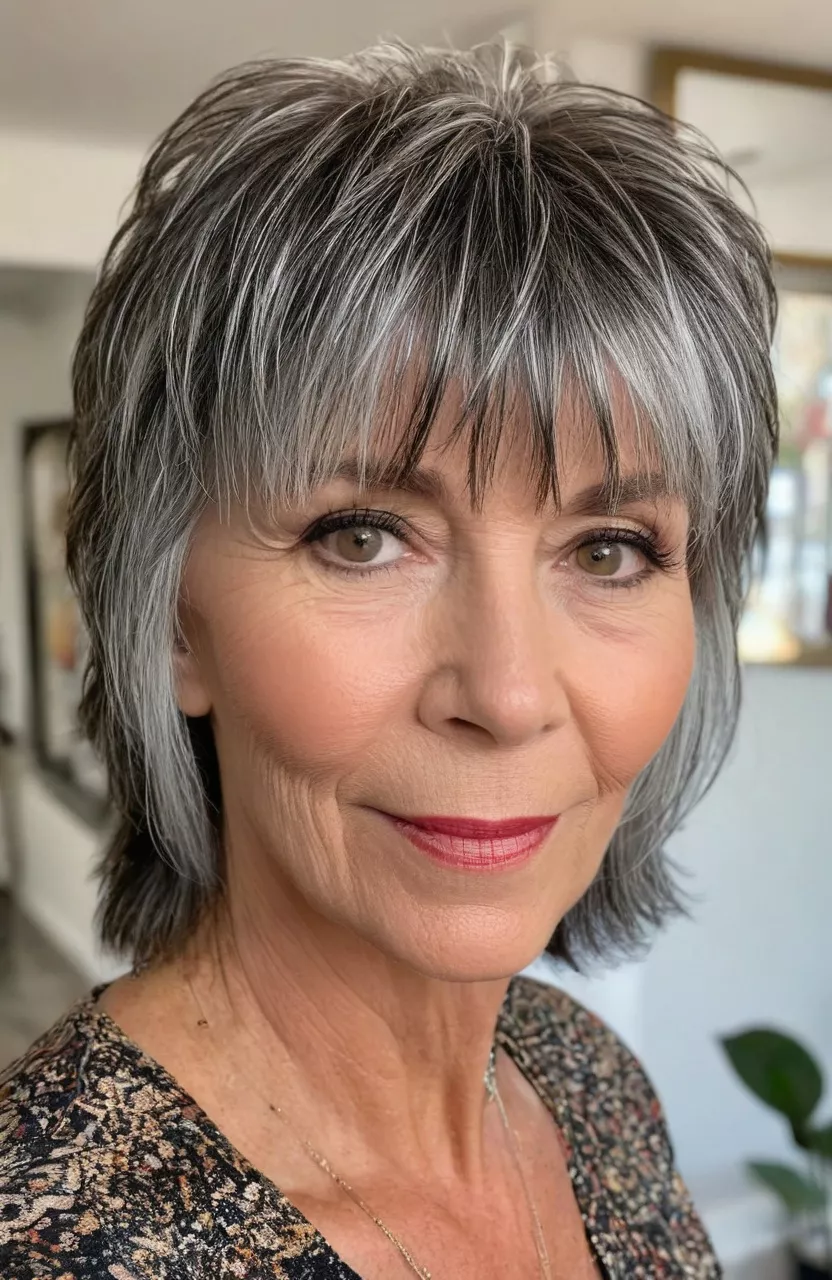 Razor Cut Shag with Fringe A photo of a 52-year-old Patricia, razor cut shag with fringe, front view, living room background