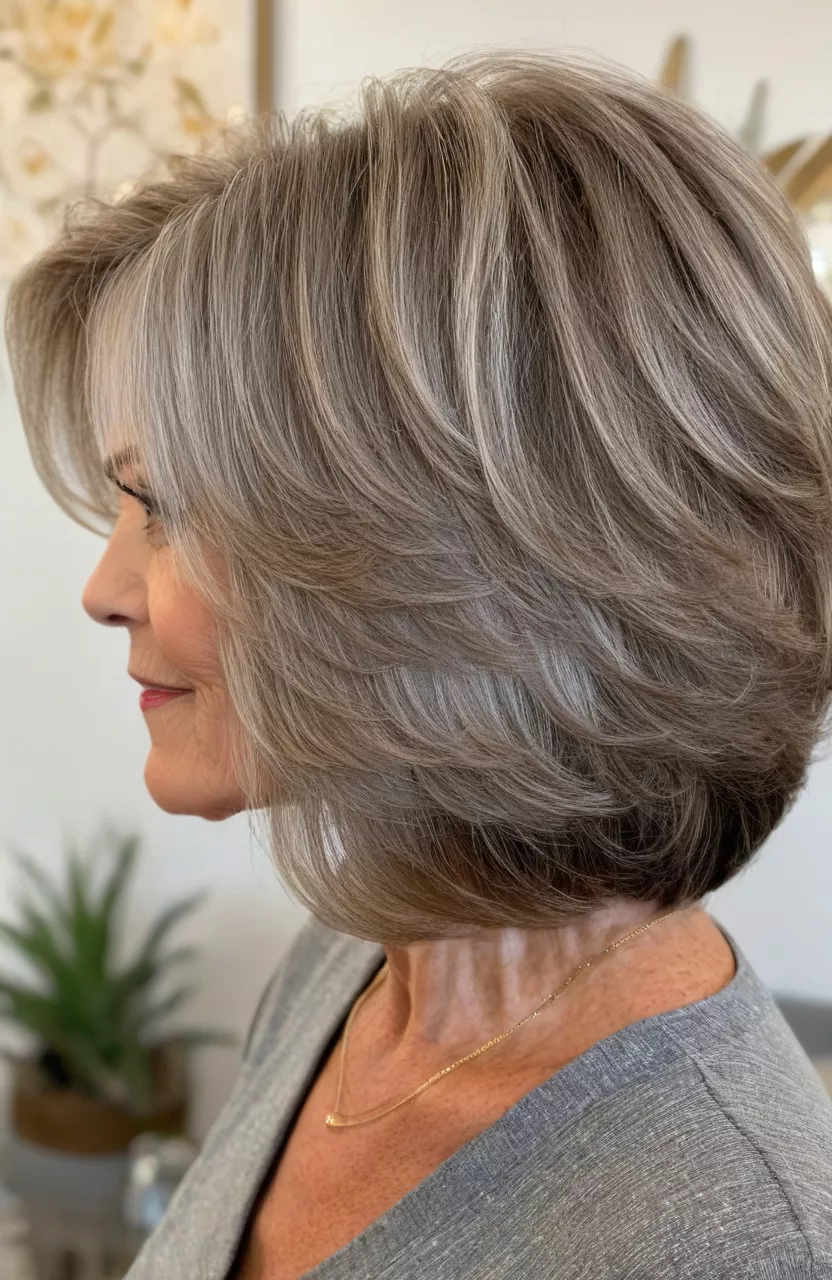 Layered Lob A photo of a 67-year-old Michelle, layered lob, side view, living room background