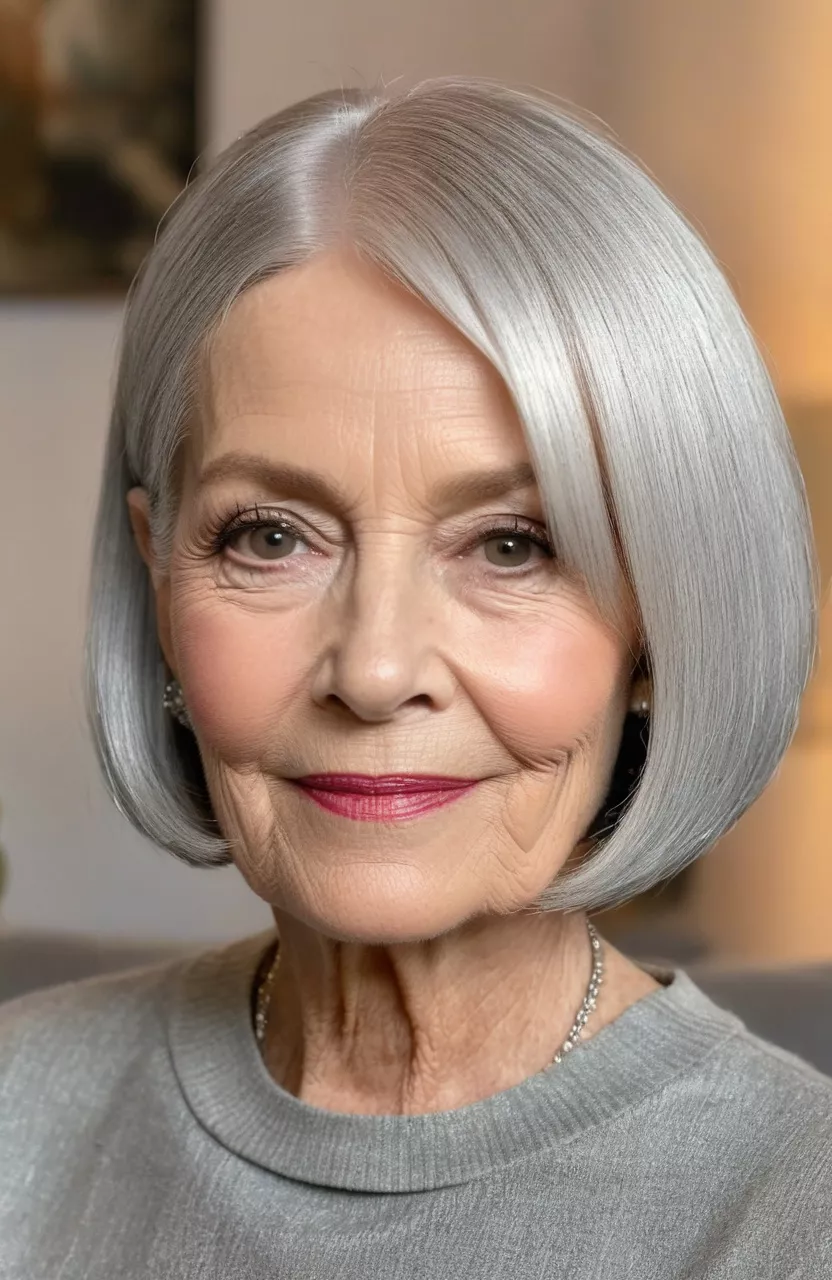 A photo of a 70-year-old Sarah, youthful silver blunt bob, front view, living room background