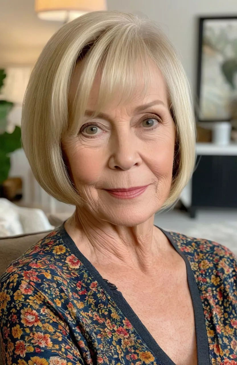 A photo of a 64-year-old Betty, short blonde bob, front view, living room background