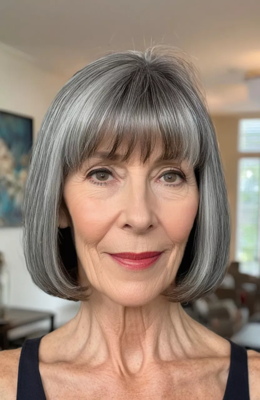 Gray Neck-Length Haircut with Full Bangs A photo of a 55-year-old Christine, gray neck-length haircut with full bangs, front view, living room background