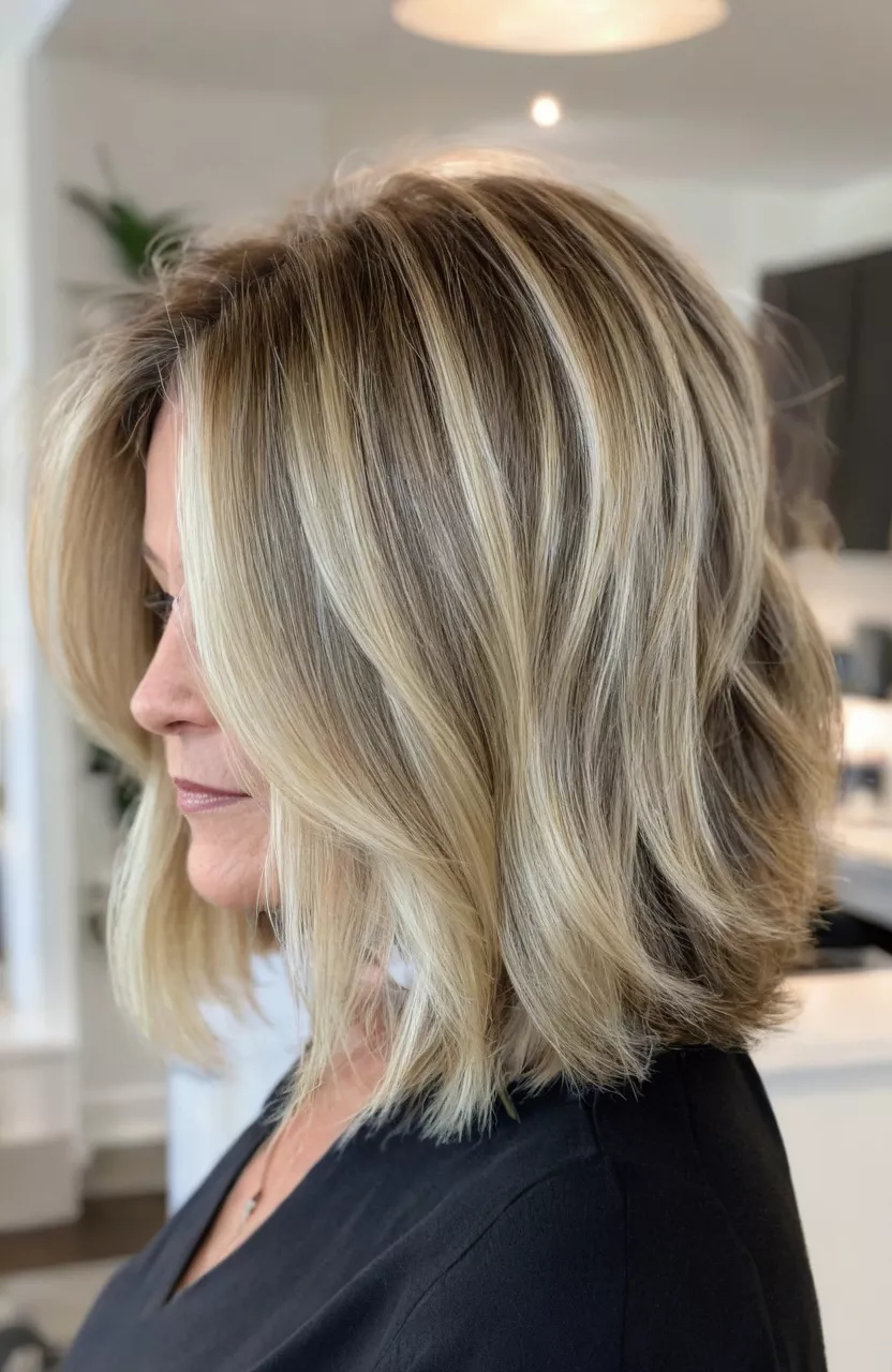 A photo of a 52-year-old Mary, layered lob with blonde balayage, front view, living room background