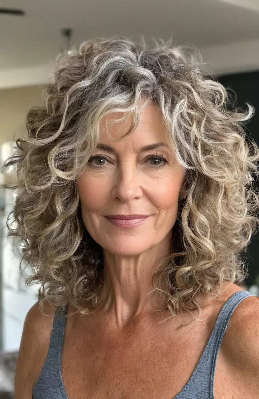 Loose and Wild Messy Curls A photo of a 56-year-old Sarah, loose messy curls shoulder-length, front view, living room background