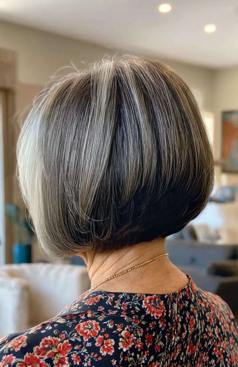 A photo of a 78-year-old Nancy, chin-length stacked bob, back view, living room background
