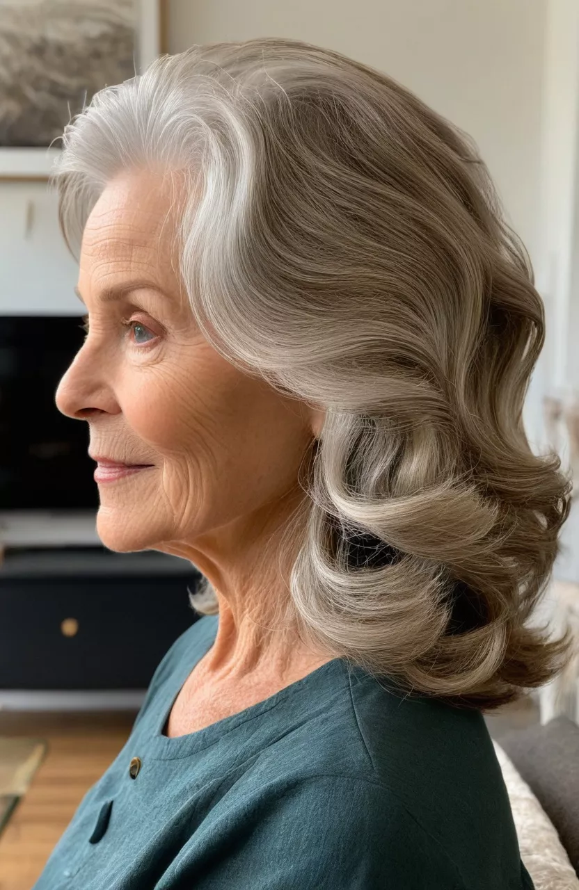 Polished Waves A photo of a 69-year-old Olivia, polished waves, side view, living room background