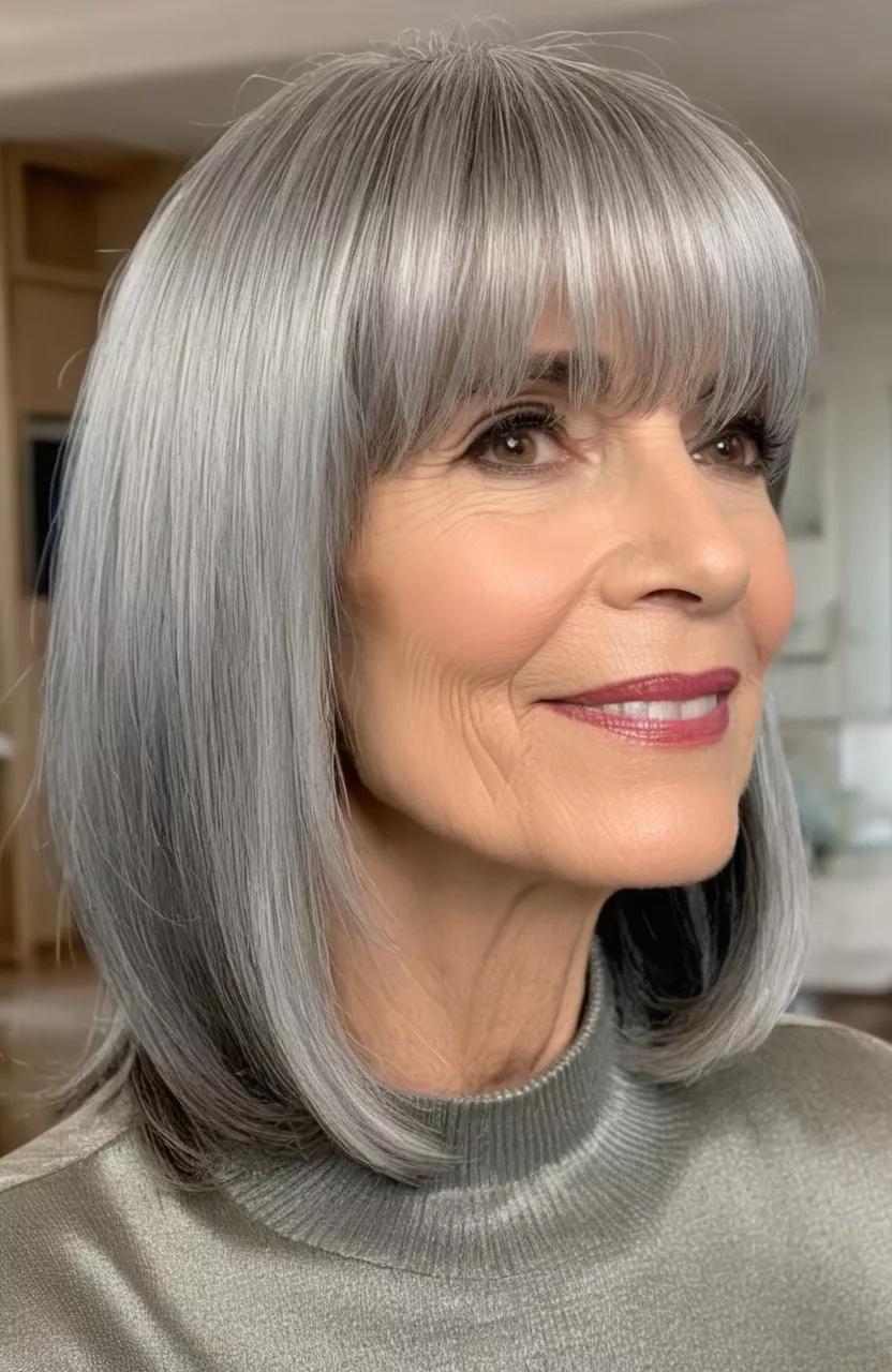 A photo of a 61-year-old Lisa, silver bob with long sweeping side bangs, front view, living room background