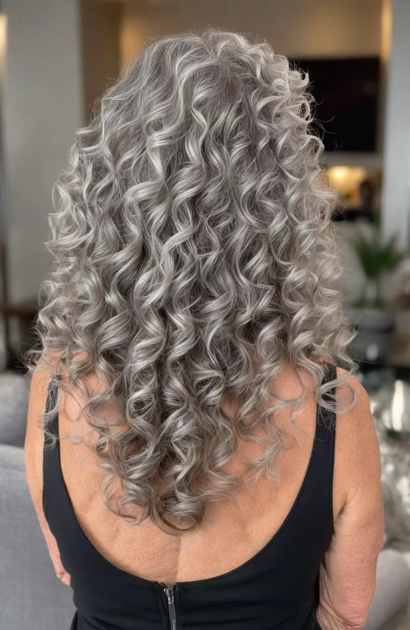 A photo of a 61-year-old Jennifer, long silver brunette curls, back view, living room background