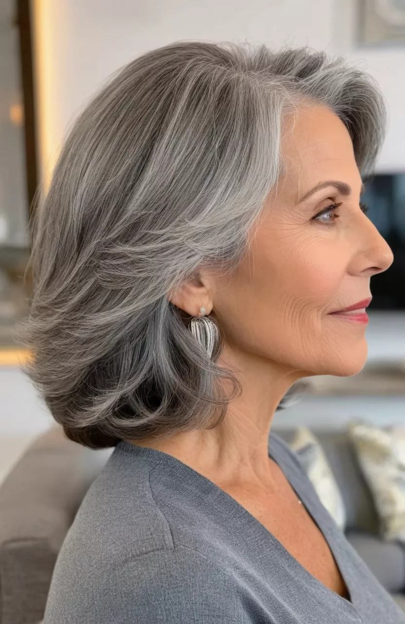 Beautiful Gray Hairstyle A photo of a 59-year-old Judith, beautiful gray medium hairstyle, side view, living room background