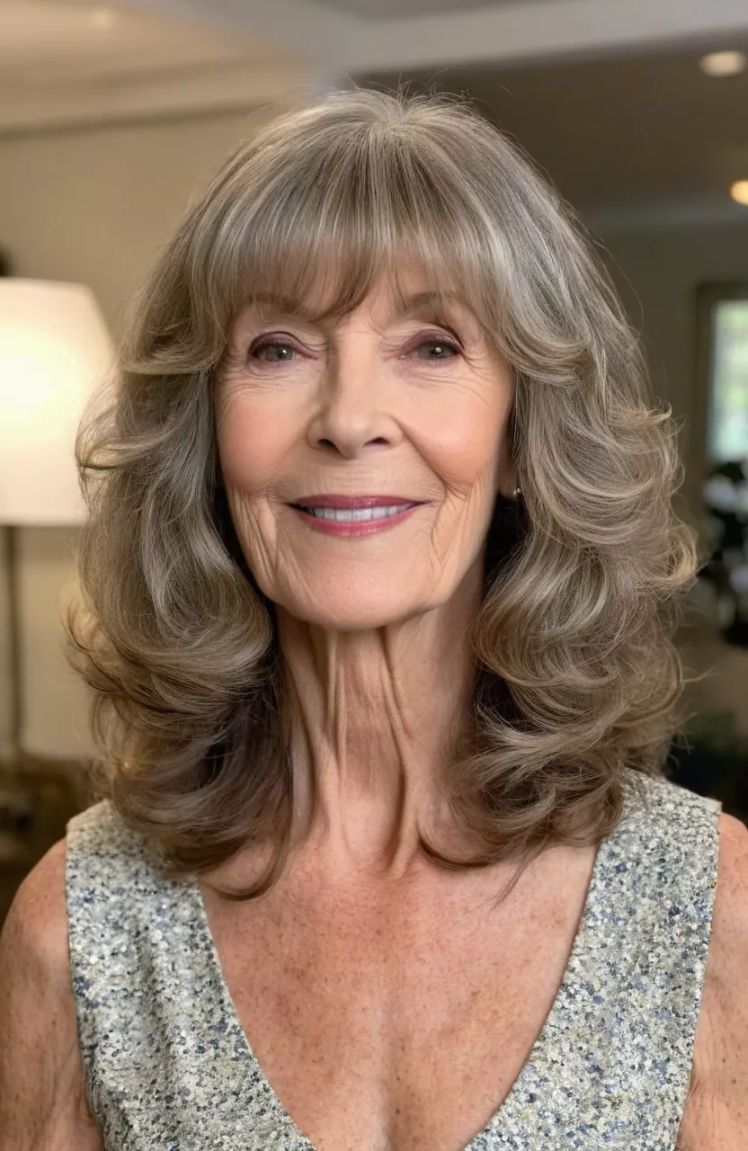 A photo of a 71-year-old Michelle, wavy shoulder-length cut with bangs, front view, living room background