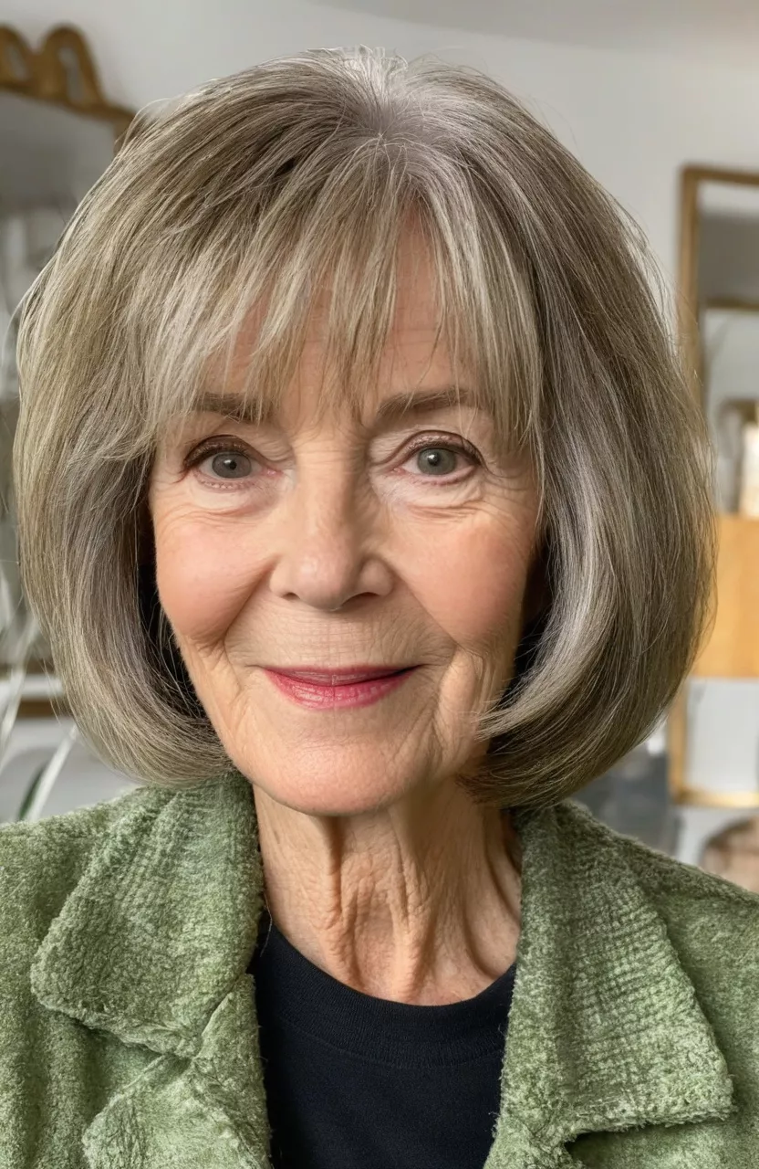 A photo of a 72-year-old Catherine, shaggy wash-and-wear bob, front view, living room background