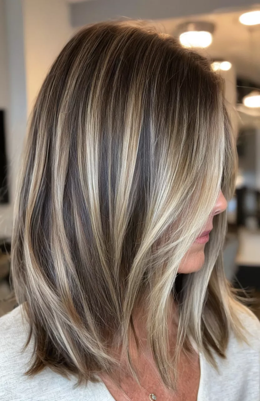 Dimensional Lob with Balayage A photo of a 57-year-old Olivia, dimensional lob with balayage, front view, living room background