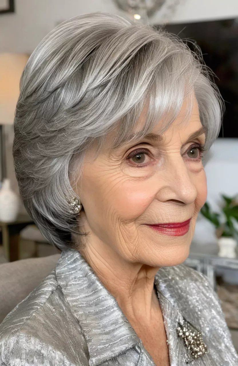 A photo of a 77-year-old Nancy, layered silver bob with feathered ends, front view, living room background
