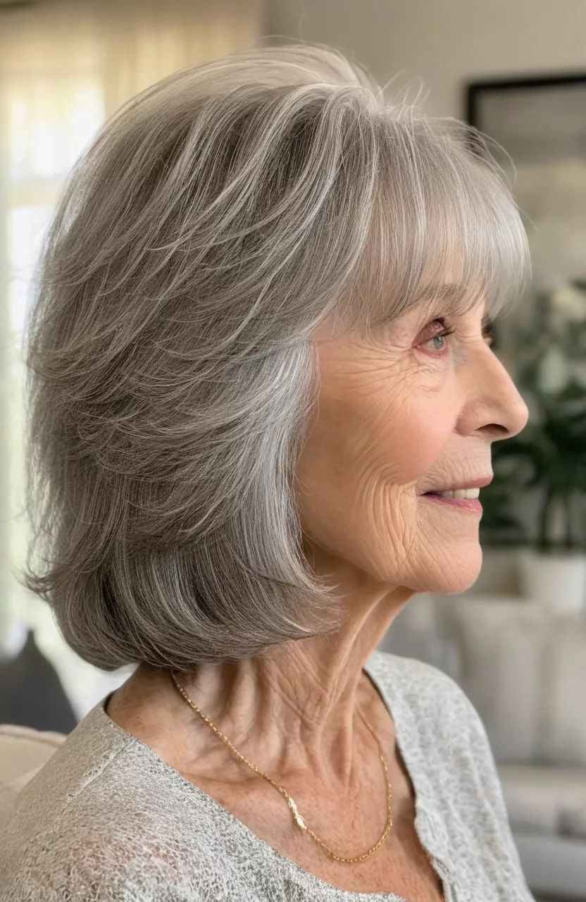 Wispy Long Bob A photo of a 77-year-old Judith, wispy long bob, side view, living room background