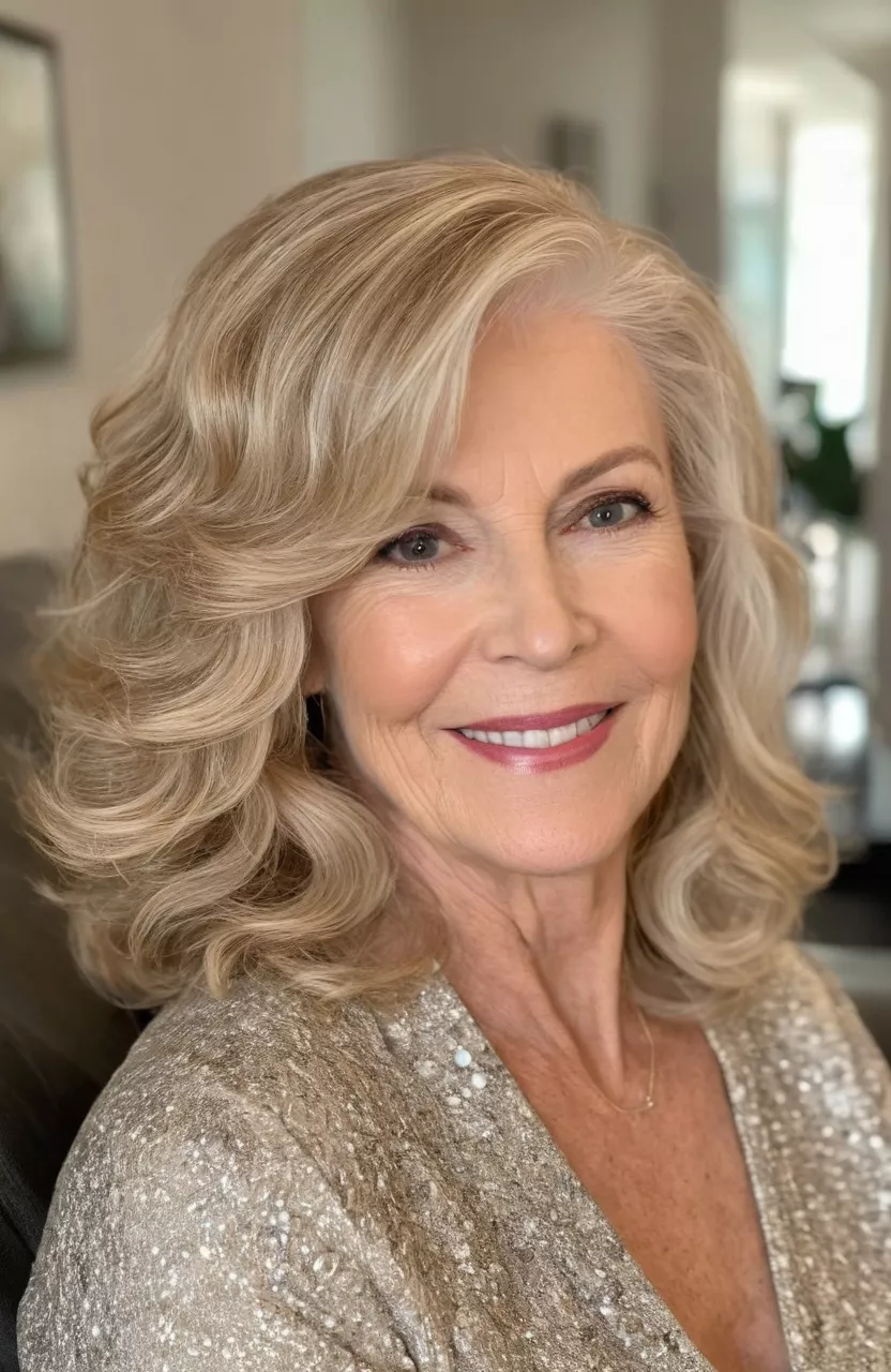 A photo of a 61-year-old Susan, champagne blonde medium-length waves, side view, living room background