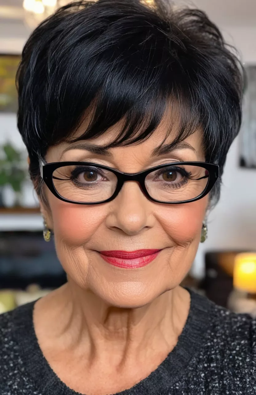 A photo of a 59-year-old Maria with glasses, black pixie with highlighted bangs, front view, living room background
