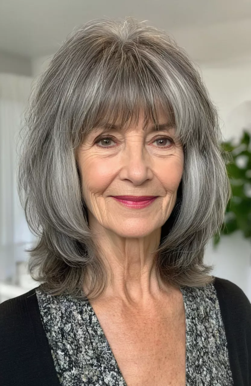 A photo of a 68-year-old Emma, salt and pepper shoulder-length shaggy cut with curtain bangs, front view, living room background